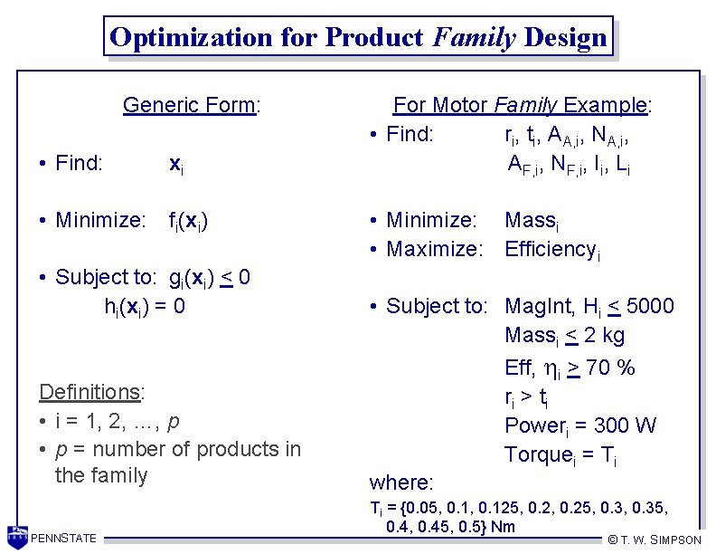 Optimization for Product Family Design Generic Form: • Find: xi • Minimize: fi(xi) •
