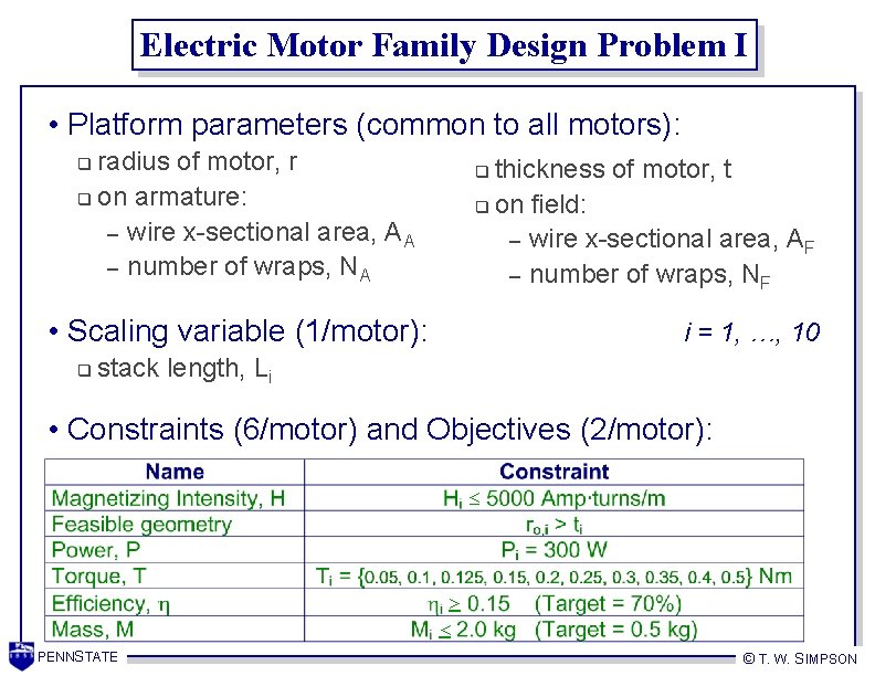Electric Motor Family Design Problem I • Platform parameters (common to all motors): radius