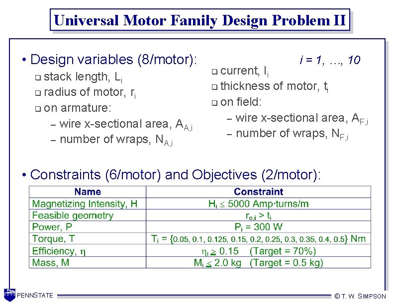 Universal Motor Family Design Problem II • Design variables (8/motor): stack length, Li q