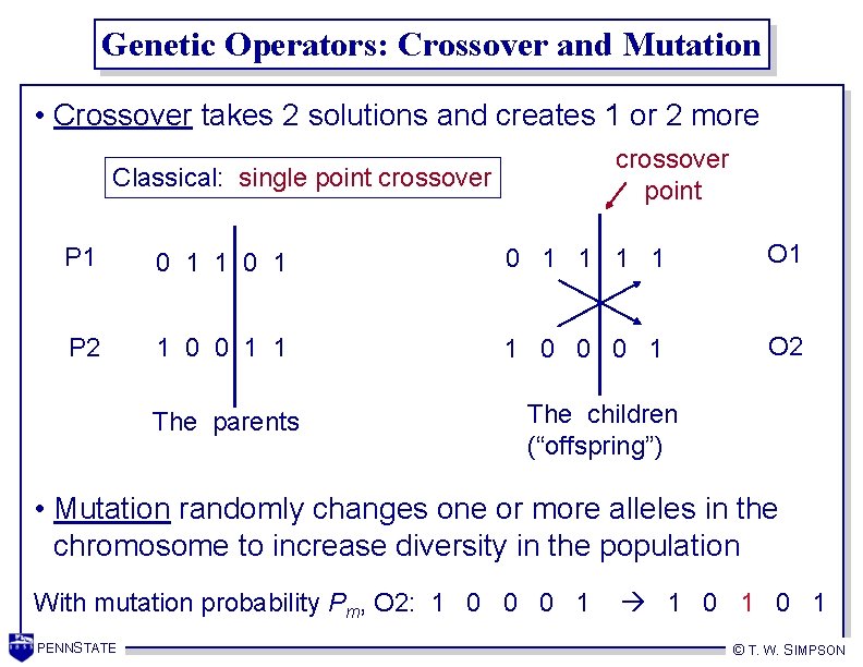 Genetic Operators: Crossover and Mutation • Crossover takes 2 solutions and creates 1 or
