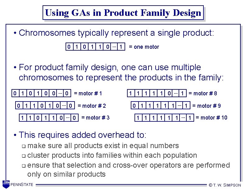 Using GAs in Product Family Design • Chromosomes typically represent a single product: 0