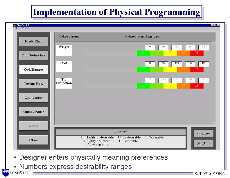 Implementation of Physical Programming • Designer enters physically meaning preferences • Numbers express desirability