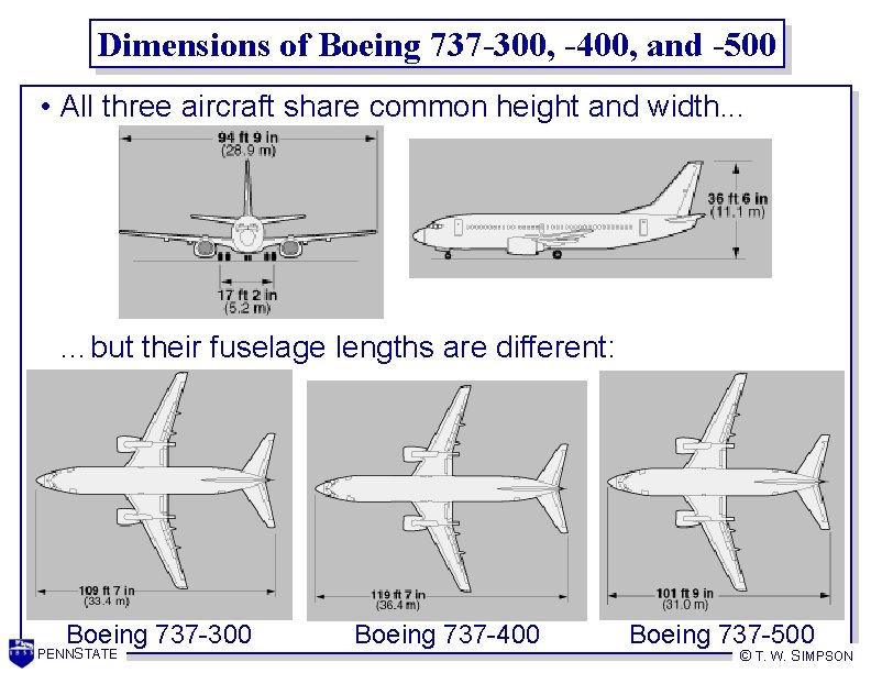 Dimensions of Boeing 737 -300, -400, and -500 • All three aircraft share common