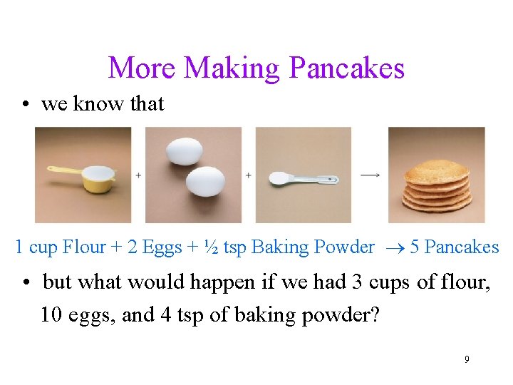 More Making Pancakes • we know that 1 cup Flour + 2 Eggs +