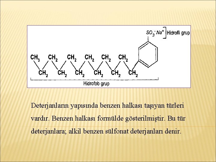 Deterjanların yapısında benzen halkası taşıyan türleri vardır. Benzen halkası formülde gösterilmiştir. Bu tür deterjanlara;
