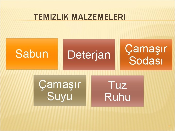 TEMİZLİK MALZEMELERİ Sabun Deterjan Çamaşır Suyu Çamaşır Sodası Tuz Ruhu 6 