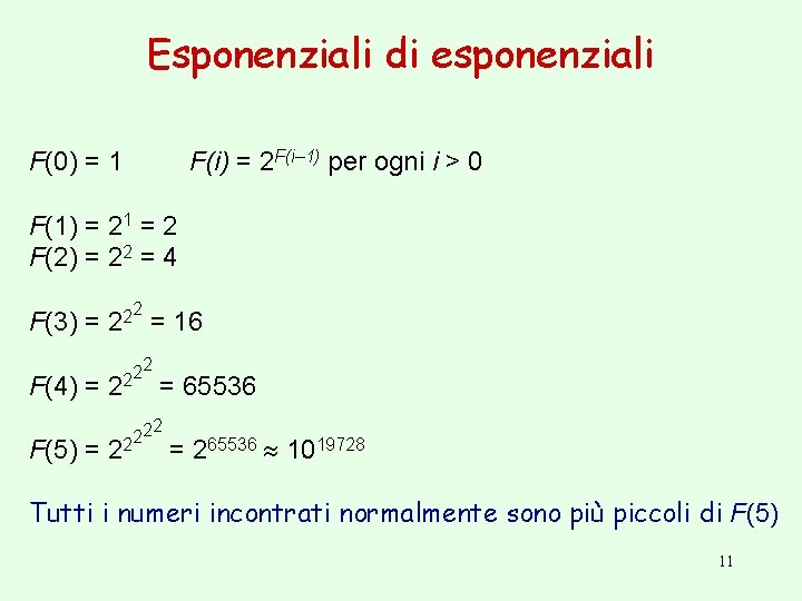 Esponenziali di esponenziali F(0) = 1 F(i) = 2 F(i– 1) per ogni i