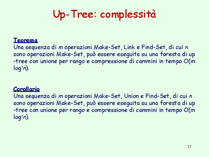 Up-Tree: complessità Teorema Una sequenza di m operazioni Make-Set, Link e Find-Set, di cui