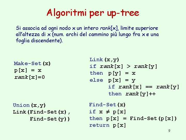 Algoritmi per up-tree Si associa ad ogni nodo x un intero rank[x], limite superiore