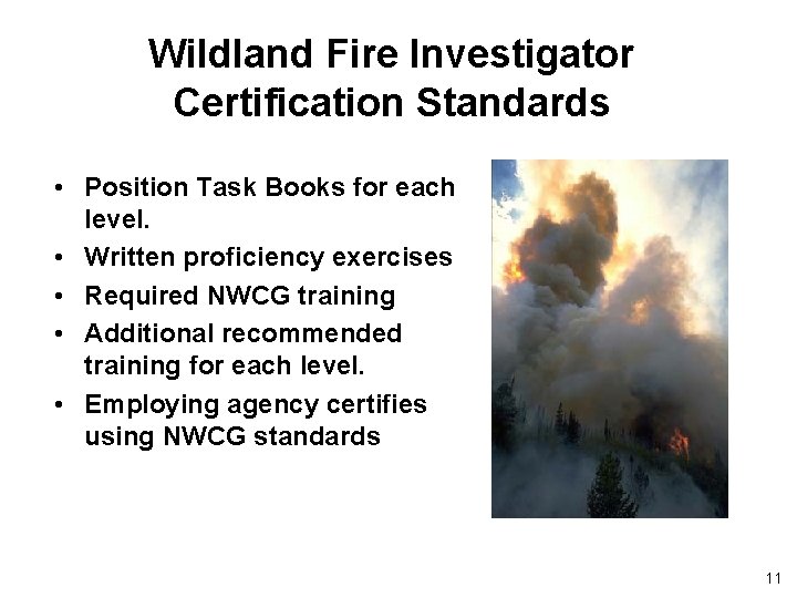 Wildland Fire Investigator Certification Standards • Position Task Books for each level. • Written