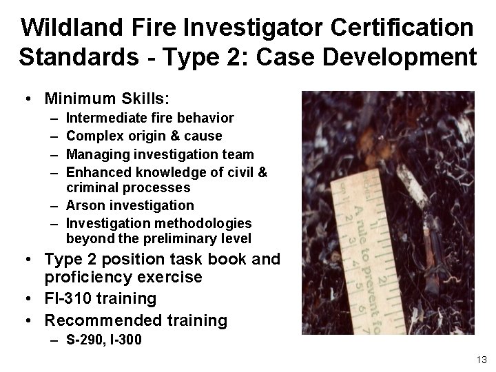 Wildland Fire Investigator Certification Standards - Type 2: Case Development • Minimum Skills: –