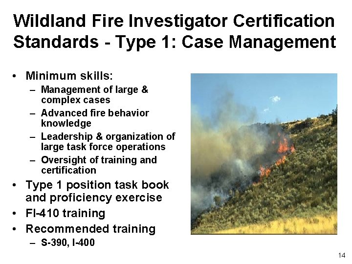 Wildland Fire Investigator Certification Standards - Type 1: Case Management • Minimum skills: –