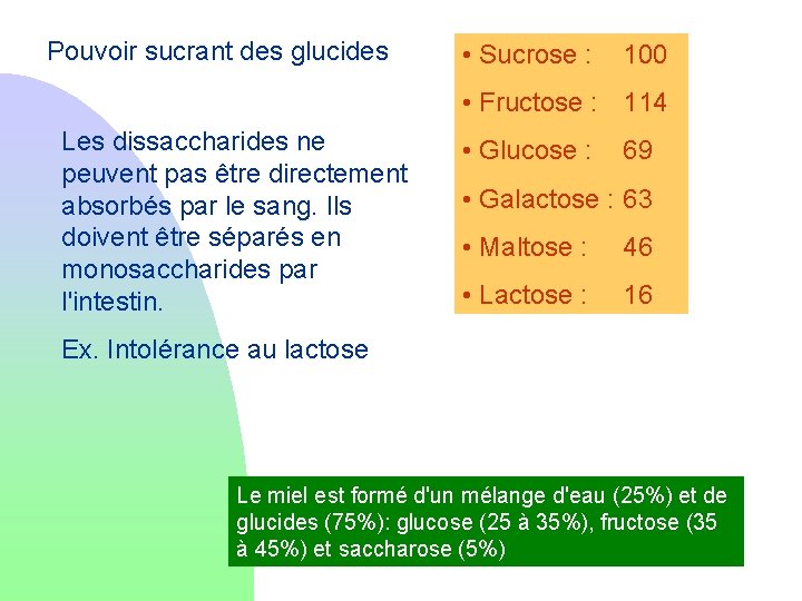 Pouvoir sucrant des glucides • Sucrose : 100 • Fructose : 114 Les dissaccharides