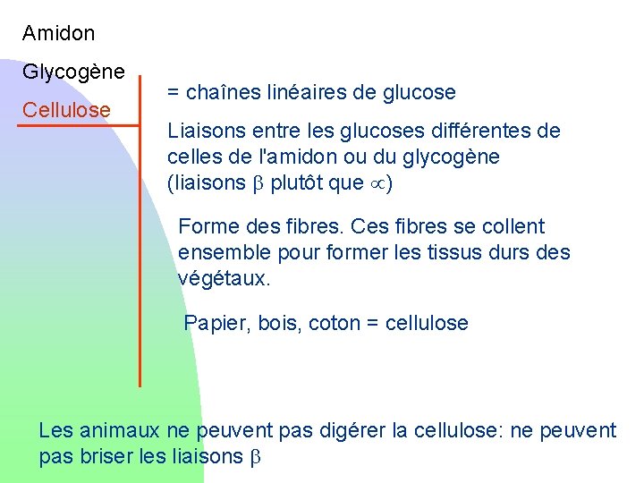 Amidon Glycogène Cellulose = chaînes linéaires de glucose Liaisons entre les glucoses différentes de