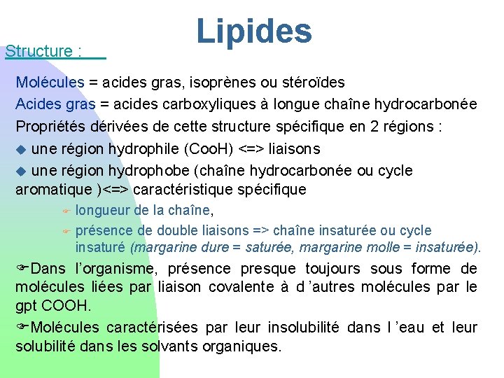 Structure : Lipides Molécules = acides gras, isoprènes ou stéroïdes Acides gras = acides