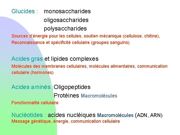 Glucides : monosaccharides oligosaccharides polysaccharides Sources d’énergie pour les cellules, soutien mécanique (cellulose, chitine),