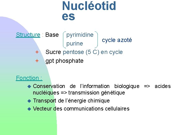 Nucléotid es Structure : Base pyrimidine cycle azoté purine + Sucre pentose (5 C)