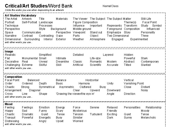 Critical/Art Studies/Word Bank Name/Class Circle the works you use when responding to an artwork