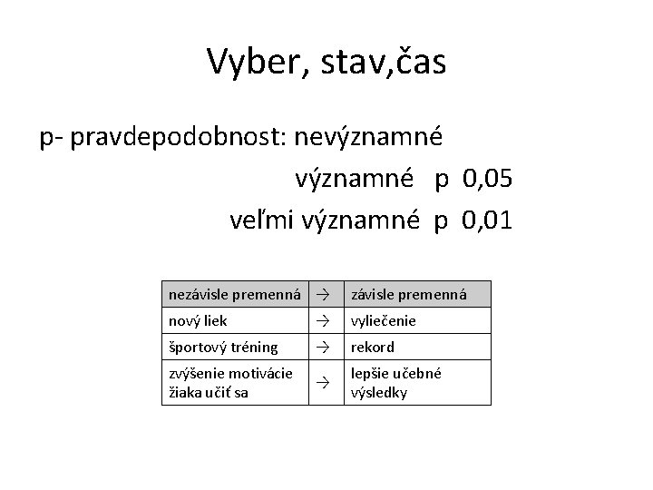 Vyber, stav, čas p- pravdepodobnost: nevýznamné významné p 0, 05 veľmi významné p 0,