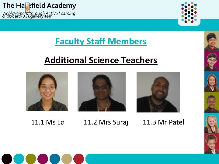 Faculty Staff Members Additional Science Teachers 11. 1 Ms Lo 11. 2 Mrs Suraj