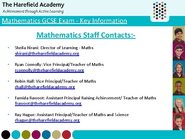 Mathematics GCSE Exam - Key Information Mathematics Staff Contacts: • Sheila Hirani: Director of