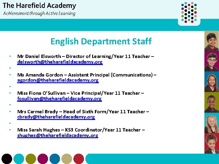 English Department Staff • • • Mr Daniel Elsworth – Director of Learning/Year 11