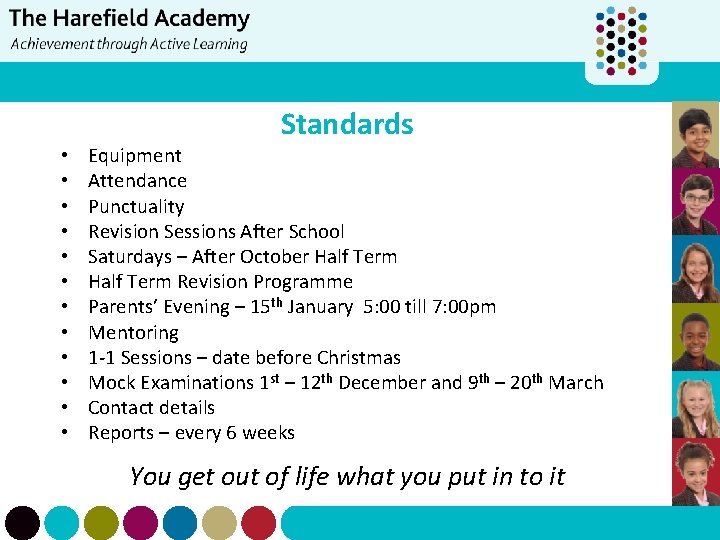 • • • Standards Equipment Attendance Punctuality Revision Sessions After School Saturdays –