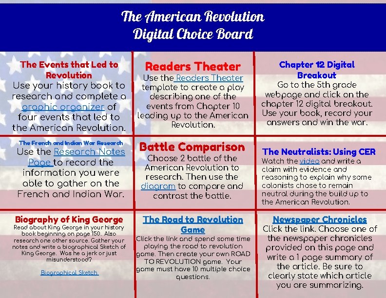 The American Revolution Digital Choice Board The Events that Led to Revolution Use your