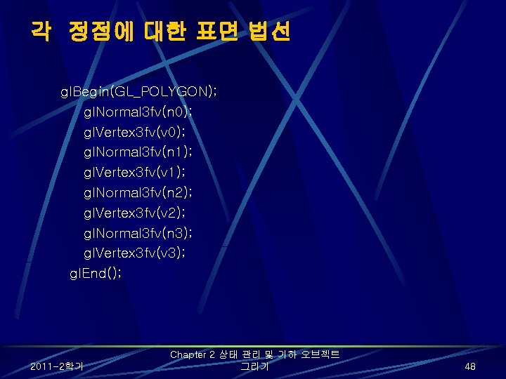 각 정점에 대한 표면 법선 gl. Begin(GL_POLYGON); gl. Normal 3 fv(n 0); gl. Vertex 각 정점에 대한 표면 법선 gl. Begin(GL_POLYGON); gl. Normal 3 fv(n 0); gl. Vertex