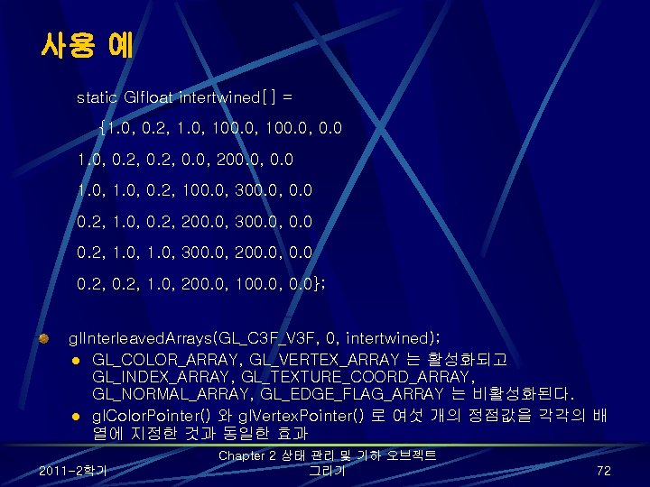 사용 예 static Glfloat intertwined[] = {1. 0, 0. 2, 1. 0, 100. 0,