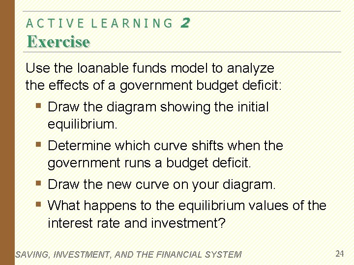 ACTIVE LEARNING 2 Exercise Use the loanable funds model to analyze the effects of