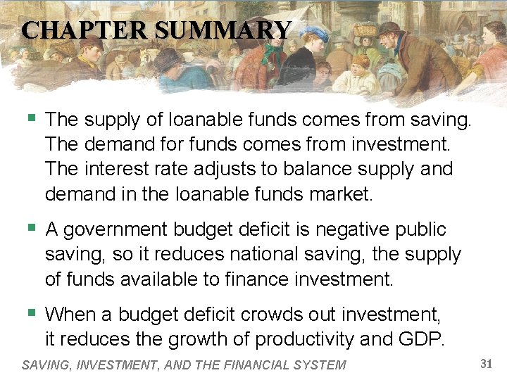 CHAPTER SUMMARY § The supply of loanable funds comes from saving. The demand for