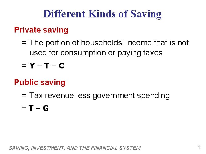 Different Kinds of Saving Private saving = The portion of households’ income that is