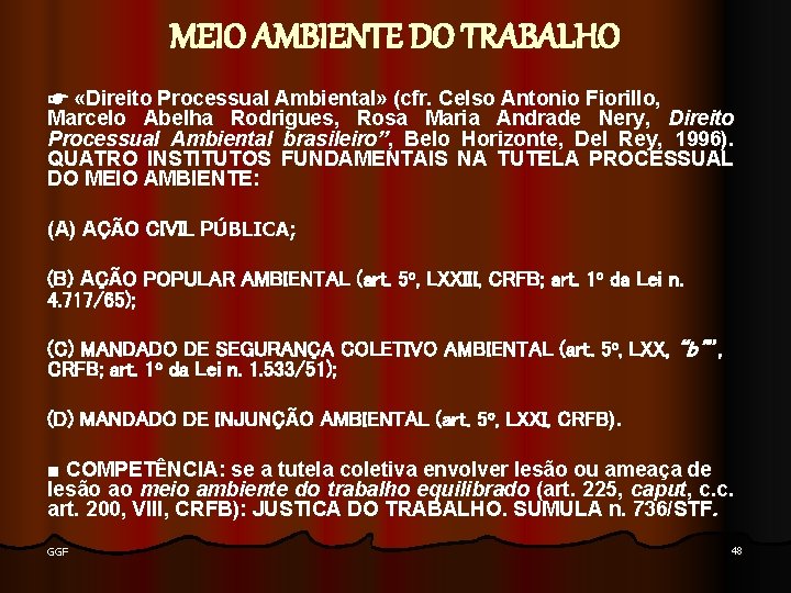 MEIO AMBIENTE DO TRABALHO ☛ «Direito Processual Ambiental» (cfr. Celso Antonio Fiorillo, Marcelo Abelha