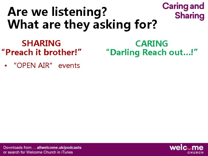 Are we listening? What are they asking for? SHARING “Preach it brother!” • “OPEN Are we listening? What are they asking for? SHARING “Preach it brother!” • “OPEN