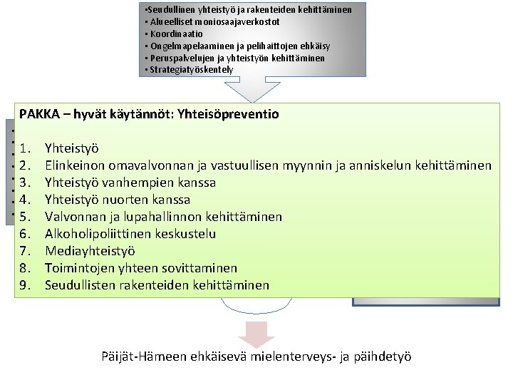  • Seudullinen yhteistyö ja rakenteiden kehittäminen • Alueelliset moniosaajaverkostot • Koordinaatio • Ongelmapelaaminen