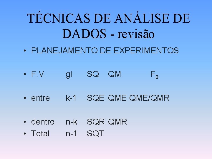 TÉCNICAS DE ANÁLISE DE DADOS - revisão • PLANEJAMENTO DE EXPERIMENTOS • F. V.