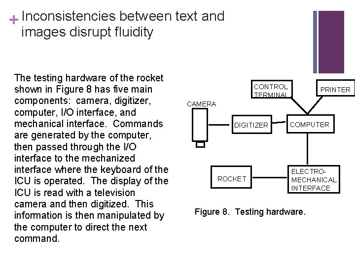 + Inconsistencies between text and images disrupt fluidity The testing hardware of the rocket