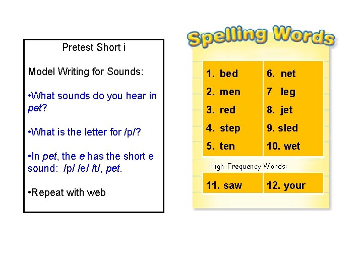 Pretest Short i Model Writing for Sounds: 1. bed 6. net • What sounds