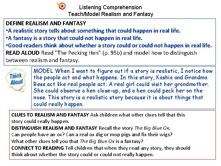 Listening Comprehension Teach/Model Realism and Fantasy DEFINE REALISM AND FANTASY • A realistic story