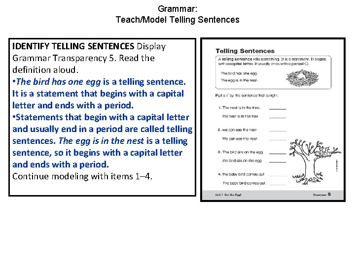 Grammar: Teach/Model Telling Sentences IDENTIFY TELLING SENTENCES Display Grammar Transparency 5. Read the definition
