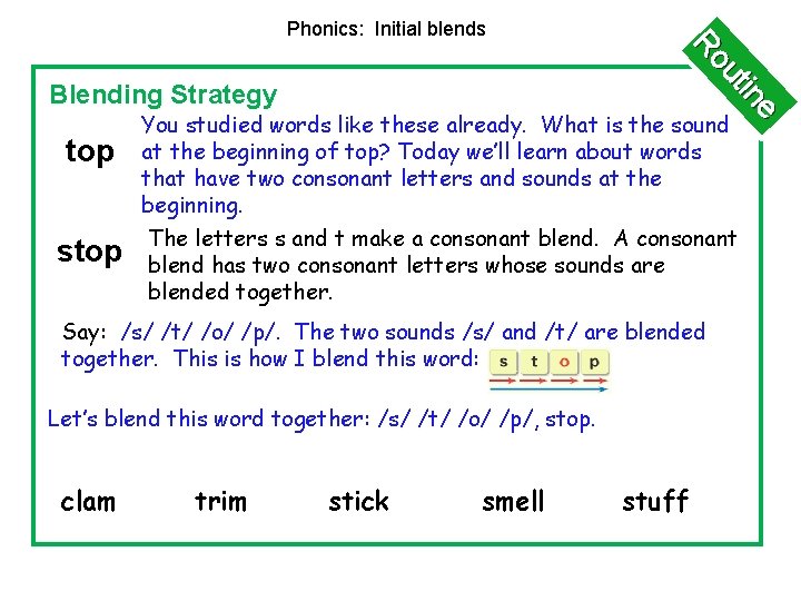 Phonics: Initial blends e in ut Ro Blending Strategy top stop You studied words