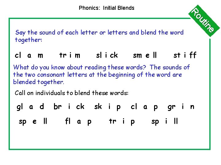 Phonics: Initial Blends cl a m tr i m sl i ck sm e