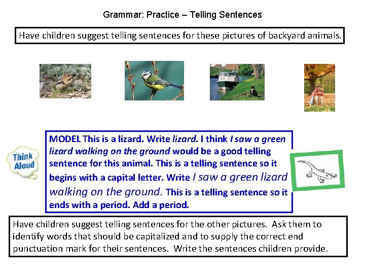 Grammar: Practice – Telling Sentences Have children suggest telling sentences for these pictures of