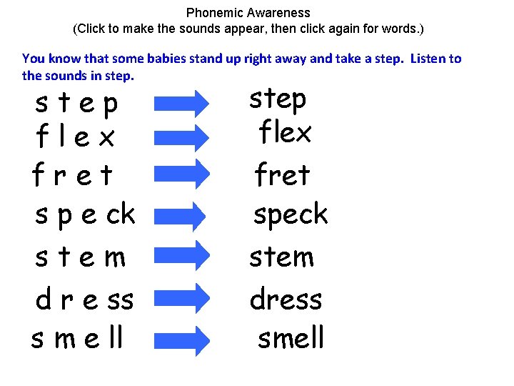 Phonemic Awareness (Click to make the sounds appear, then click again for words. )