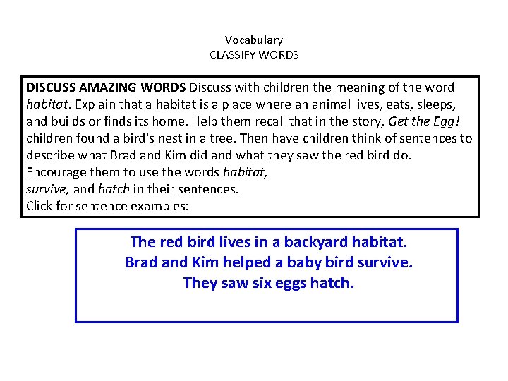 Vocabulary CLASSIFY WORDS DISCUSS AMAZING WORDS Discuss with children the meaning of the word