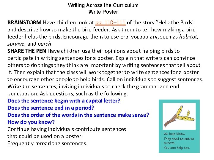 Writing Across the Curriculum Write Poster BRAINSTORM Have children look at pp. 110– 111