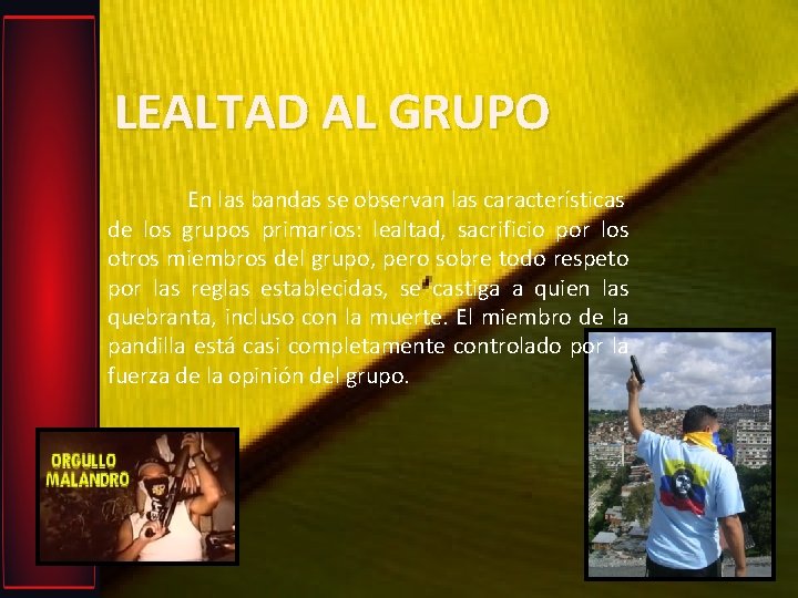 LEALTAD AL GRUPO En las bandas se observan las características de los grupos primarios: