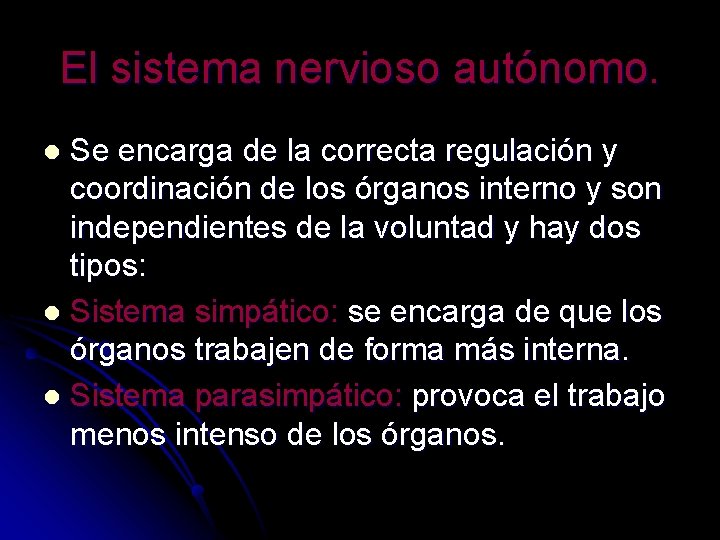 El sistema nervioso autónomo. Se encarga de la correcta regulación y coordinación de los