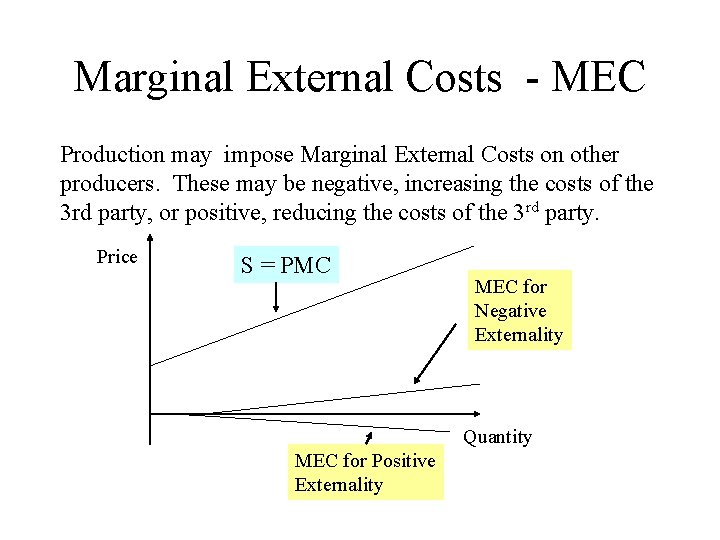 Marginal External Costs - MEC Production may impose Marginal External Costs on other producers.